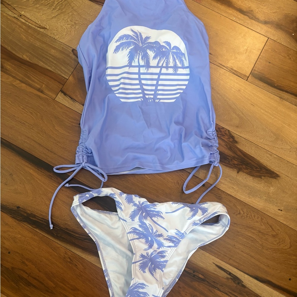 SHEIN Blue and White Palm Bikini Set
